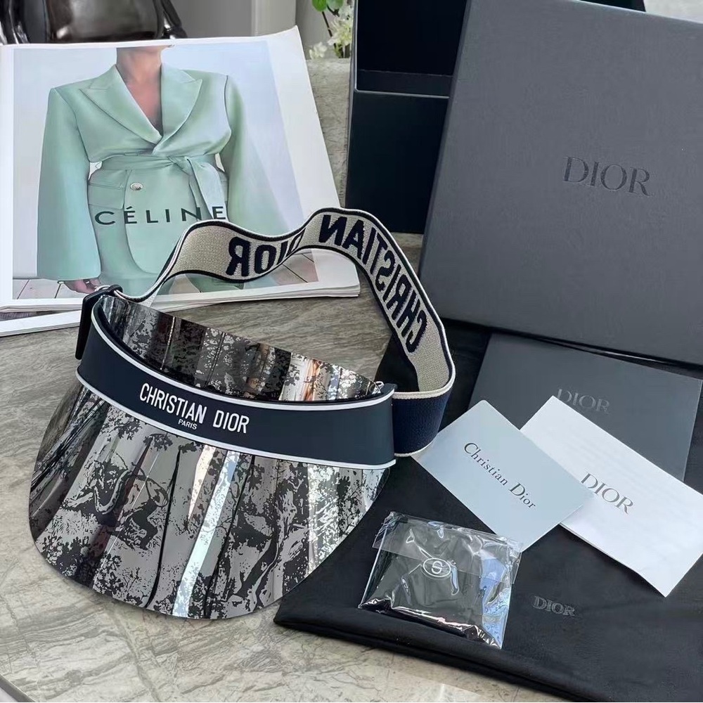 Dior Black Patterned Transparent Visor with Navy Branded Strap